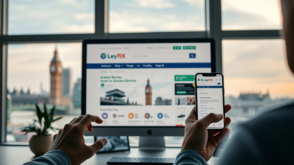UK business directory listings interface shown on desktop and smartphone, with London skyline in the background
