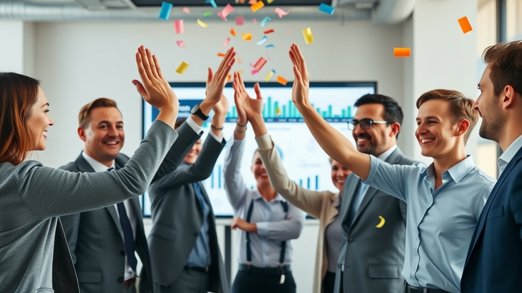 business team celebrating directory listings success high-fiving with business directory dashboard displayed behind