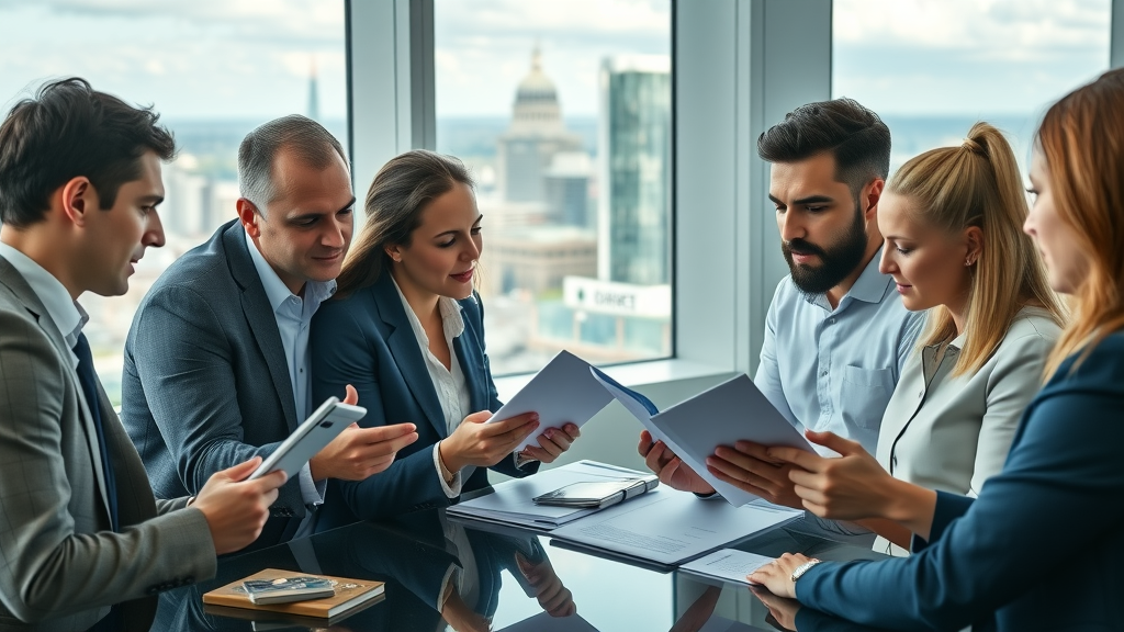 business professionals reviewing UK company profiles in London office
