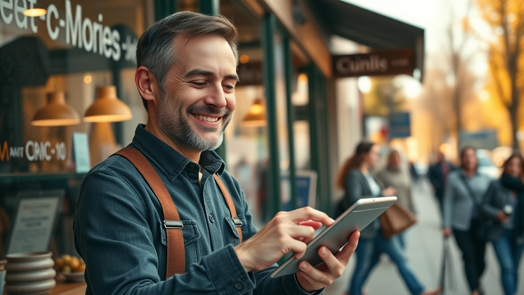 small business owner updating contact info in business directory services, satisfied expression, cozy storefront