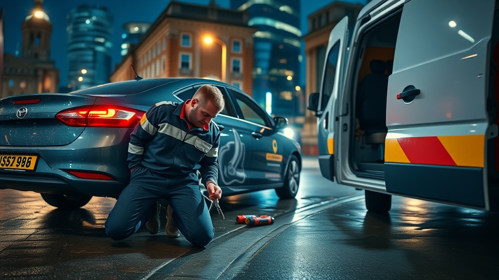 24/7 mobile tyre fitting in Manchester technician fixing tyre on city street at night