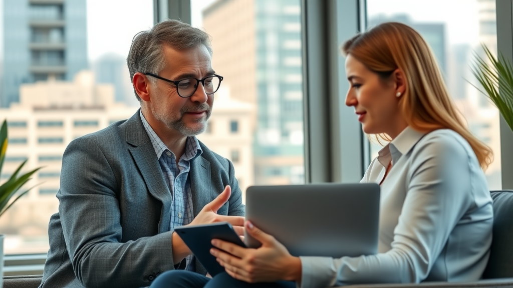 Mortgage advisor advising self-employed client in modern city office