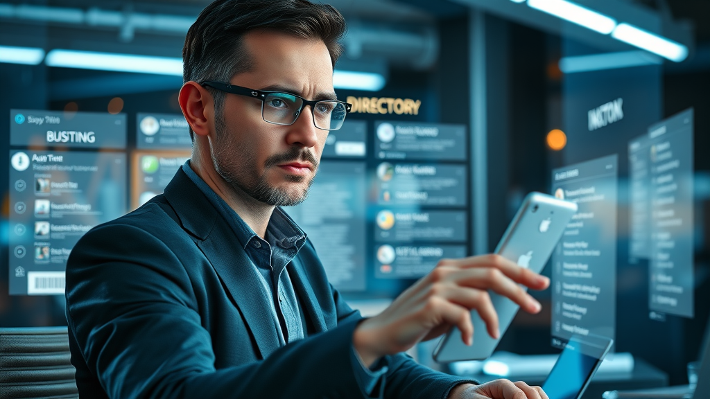 business owner updating online directory listing interface for business directory services in futuristic digital workspace
