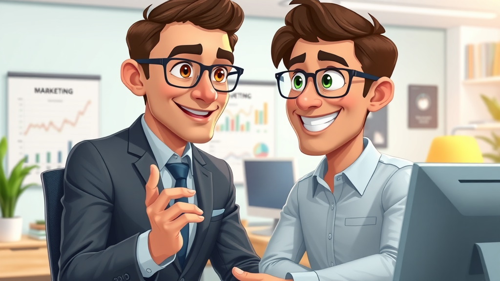 marketing consultant guides small business owner on computer for business directory services in bright contemporary office