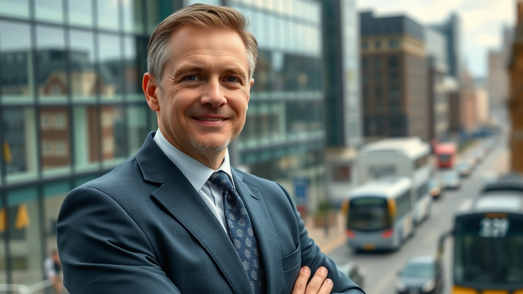 professional British business owner, modern office building, UK landmarks, company listings UK, business connectivity, crisp daylight