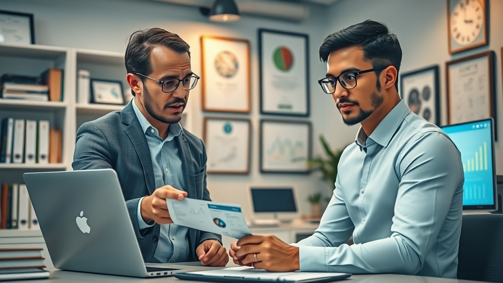 Chartered accountant for small businesses showing cash flow on cloud software to entrepreneur.