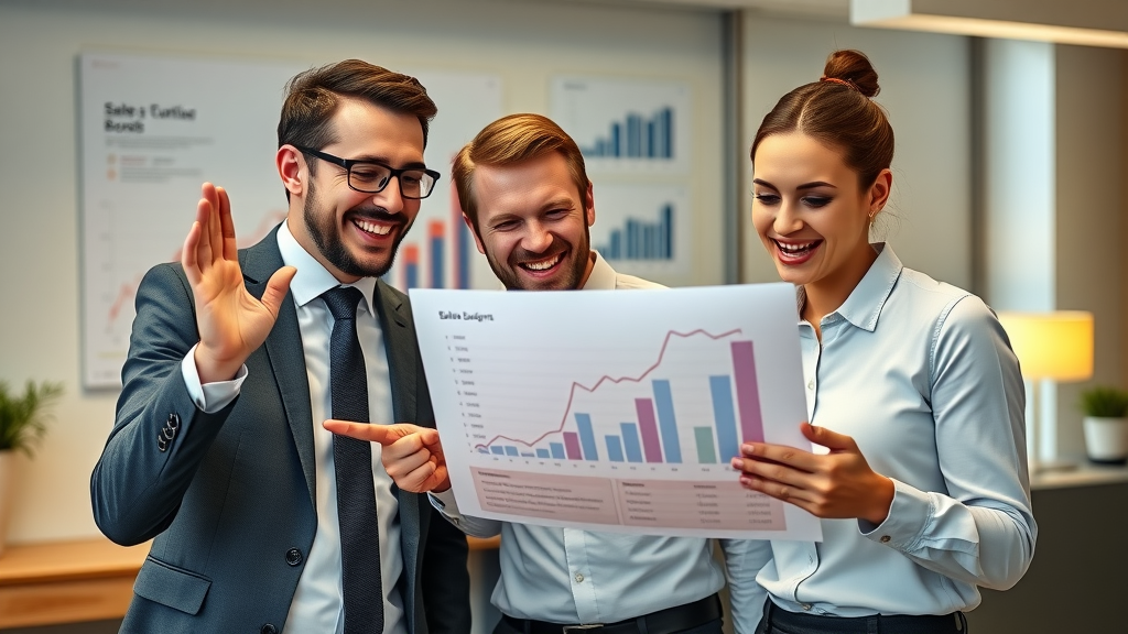 Celebratory small business team analysing sales growth after registering in a uk wide business directory company listing