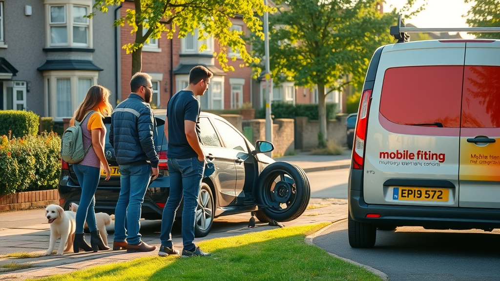 Mobile tyre fitting van and technician helping Manchester family with flat tyre