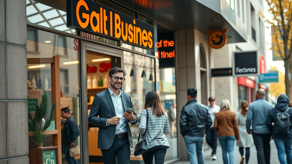 modern small business storefront with welcoming business owners and bustling city street, business listing platform success