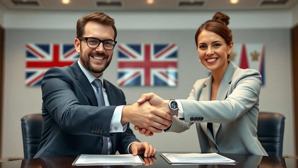 business owner and investor shaking hands after reviewing UK company profiles