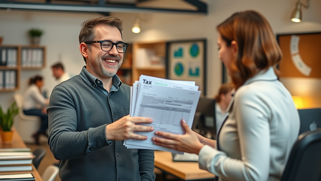Small business owner consulting a chartered accountant for tax advice in a welcoming office.