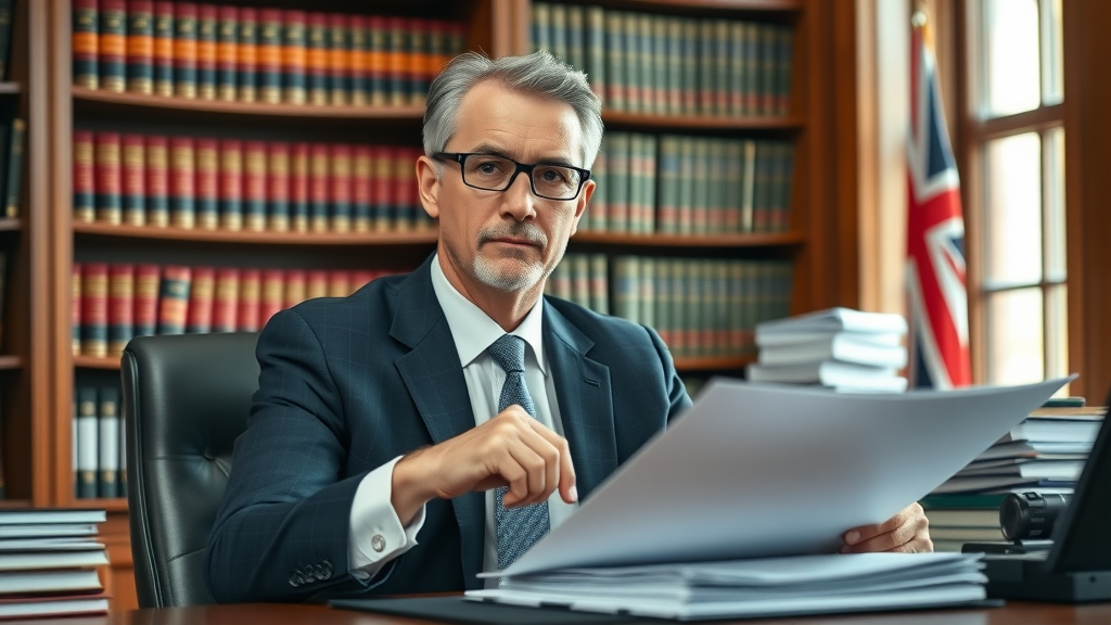 Legal expert reviewing compliance documents related to company law in UK business search, law office with UK flag