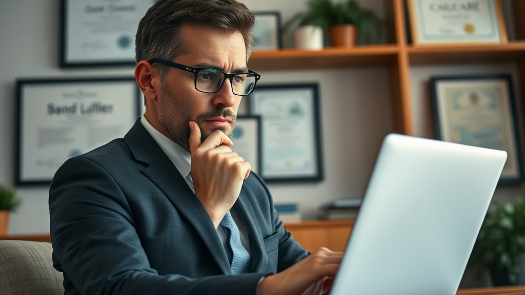 Businessperson using a laptop to research UK companies with digital business directory data, bookshelf and certificates in background