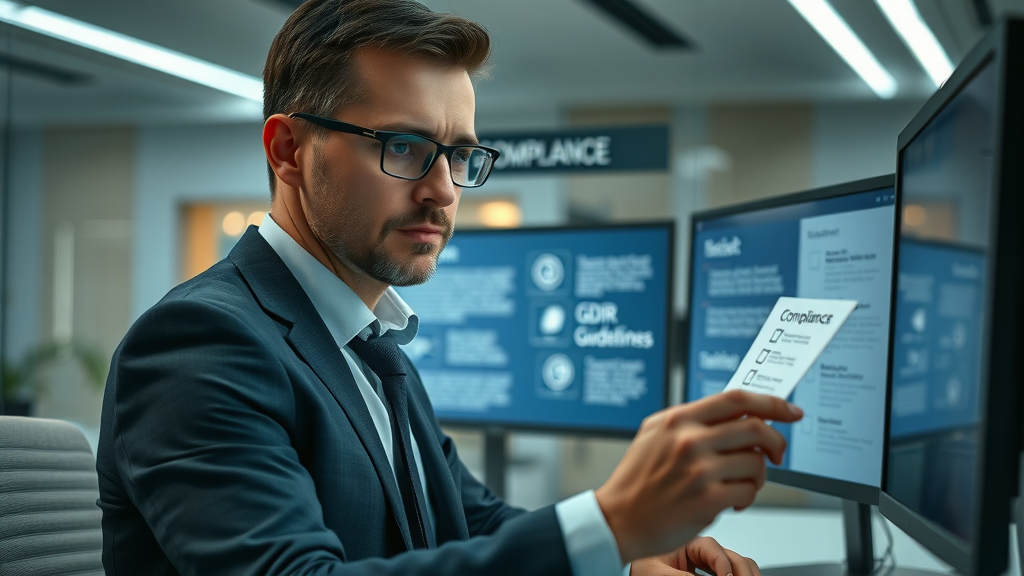 professional compliance officer in UK, reviewing digital compliance with company law