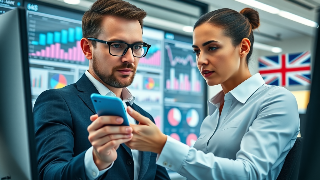 UK business search data dashboard with professionals analyzing digital company information and UK flag elements