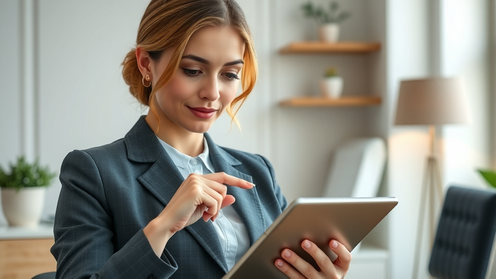 UK businesswoman updating details on online business directory for free listing