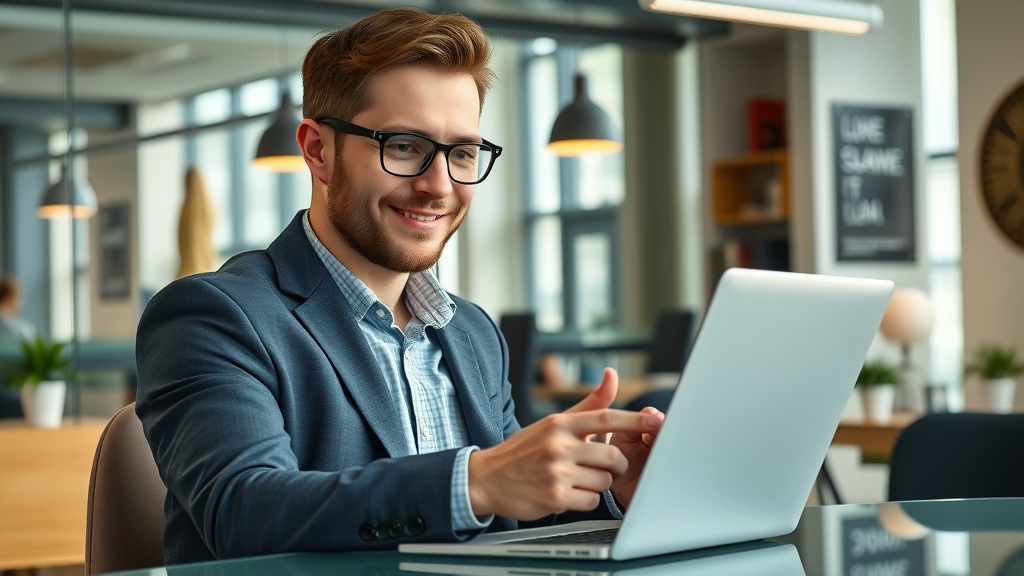 modern UK small business owner using UK wide business directory company listings on laptop in a vibrant British office