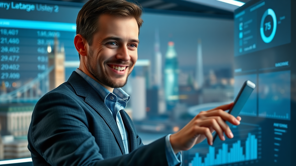 motivated UK entrepreneur analyzing company listings UK stats, high-tech workspace, digital presence, visibility boost