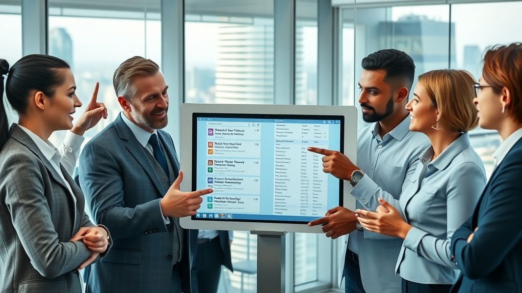 business directory services dynamic group business professionals confidently networking around digital directory listings in a modern office, cityscape in background