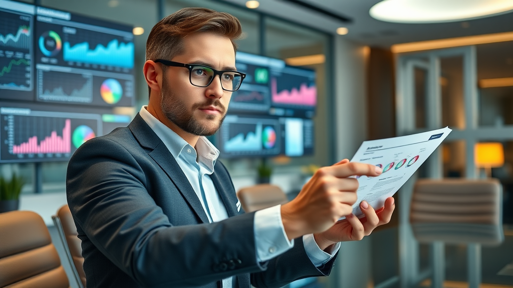 Confident UK business analyst reviewing a digital company report on advanced search platform in a modern office