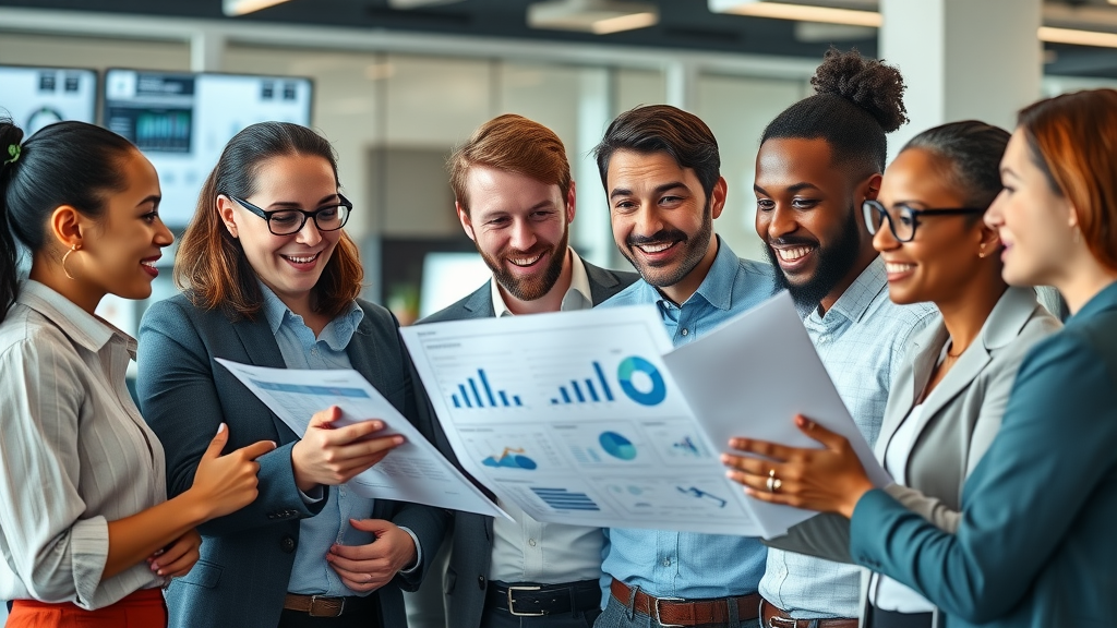 dynamic diverse business team analyzing digital content marketing results