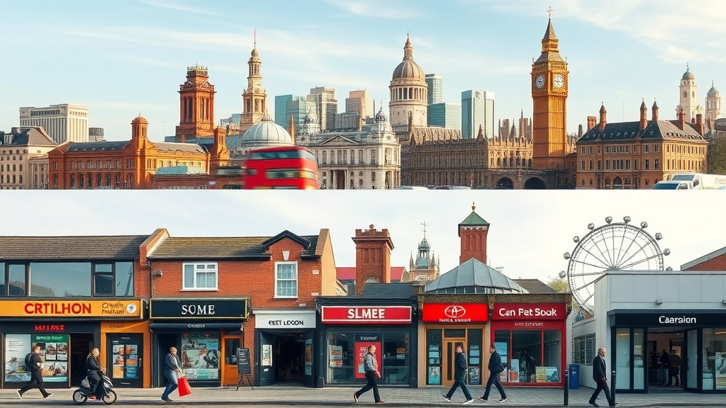 Collage of Greater Manchester, West Midlands, Greater London skylines with active SMEs - major uk business listing impact