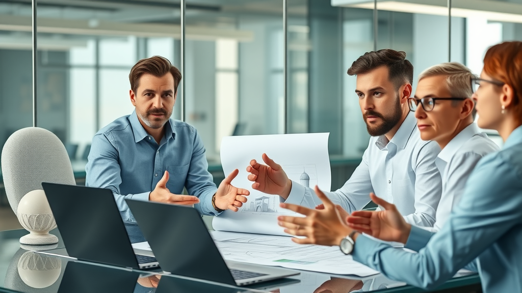 focused construction contractor team Greater London preparing bid presentation, glass-walled meeting, architectural drawings, laptops, photorealistic, team dynamics, corporate colors, daylight