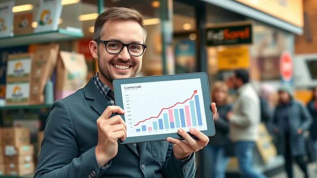Cheerful West Midlands retail shop manager, proud and smiling, holding a tablet showing increased customer leads from online business directory uk