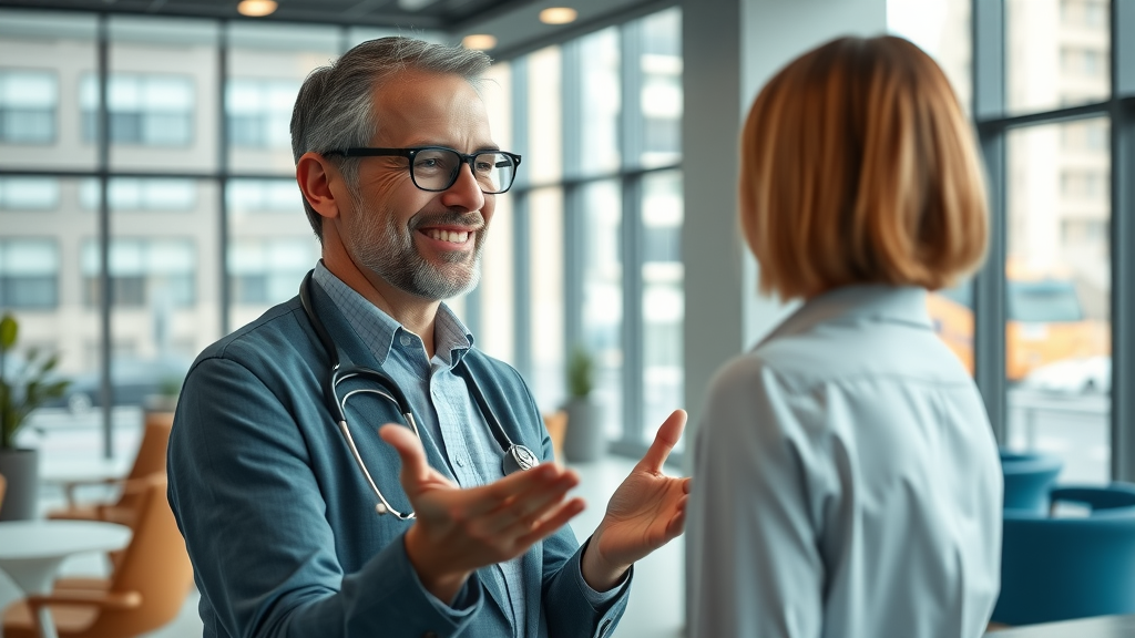 Smiling professional health practitioner welcomes client at modern London clinic, showing trustworthy expertise in London healthy living services with welcoming ambiance and city views.