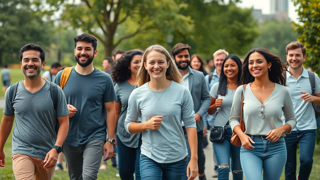 Vibrant group of diverse Londoners enjoying healthy living, walking through a lush modern city park with London skyline. London healthy living in action with smiling people in motion.