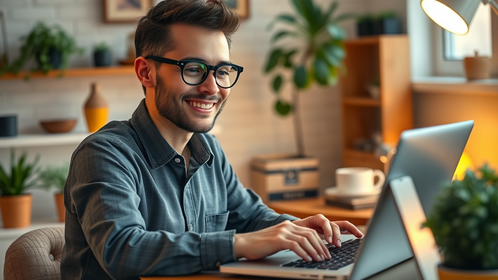 confident small business owner updating an online directory profile with uk sme directory for greater impact