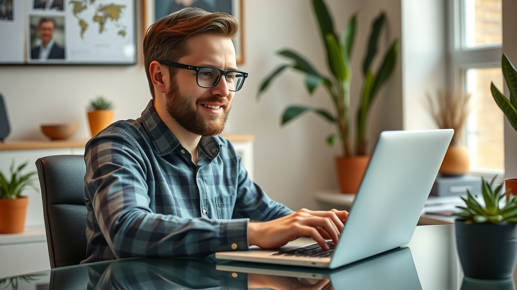 uk business directory - Satisfied business owner updating online business directory profile in a modern office.