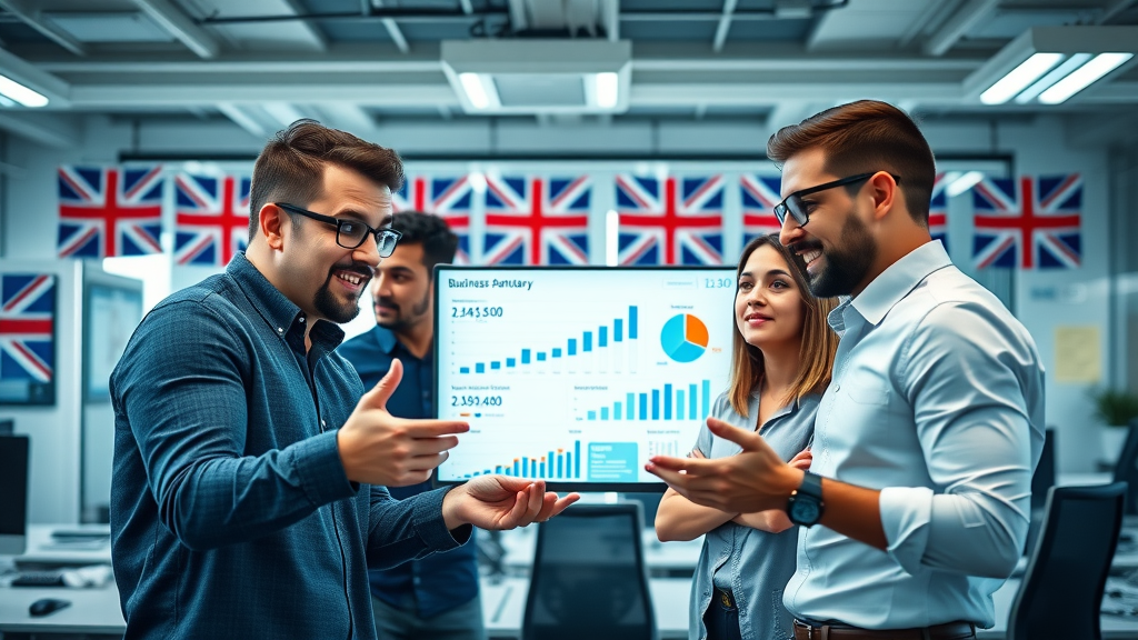 Innovative UK marketing team collaborating over analytics - digital business directory uk edge