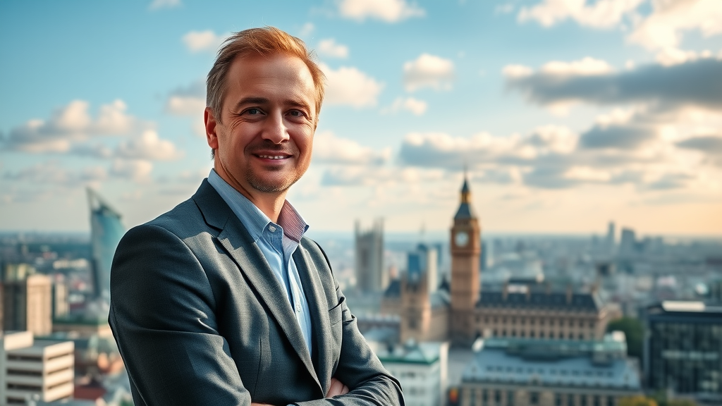 Digital marketing consultant in London office supporting UK wide business directory listings with panoramic city view