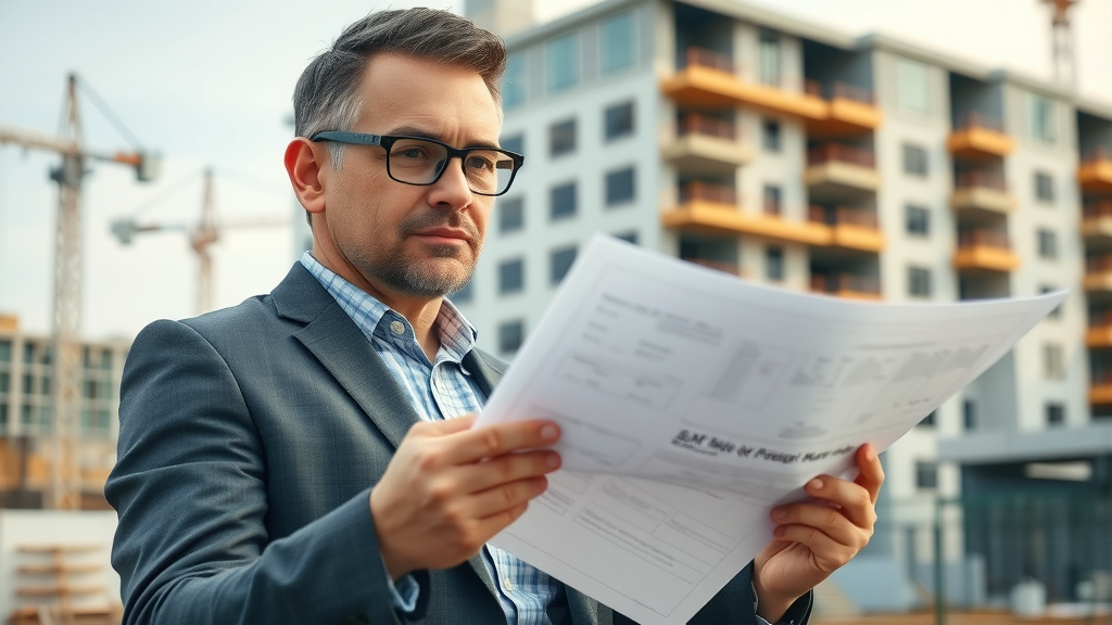 commercial construction project manager Greater London, blueprints, job site, cranes and scaffolding, business-casual attire, modern office building background, photorealistic, confident expression