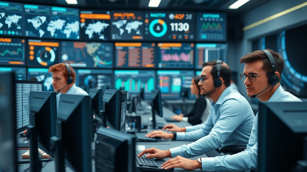 Advanced call center control room in London with a diverse team managing global calls using AI systems, demonstrating the strength of outsourced call center solutions.