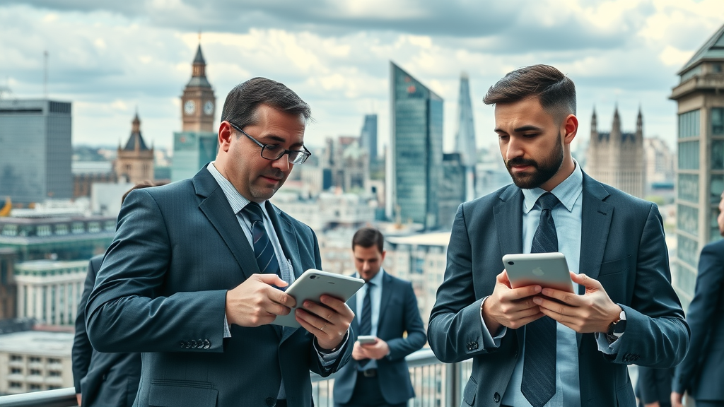 Dynamic London cityscape showing business districts and professionals engaging with call center technology, symbolising business growth through london outsourced call center services.