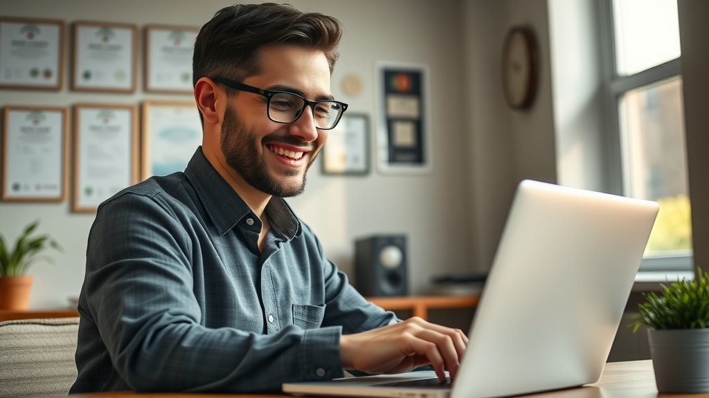 Ambitious small business owner entering business details on laptop in UK, business listings uk boost
