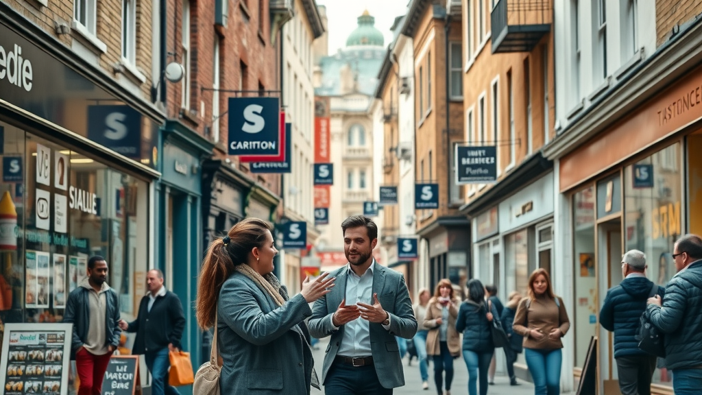 dynamic UK cityscape with diverse small business shopfronts showcasing the benefits of the uk sme directory for business owners