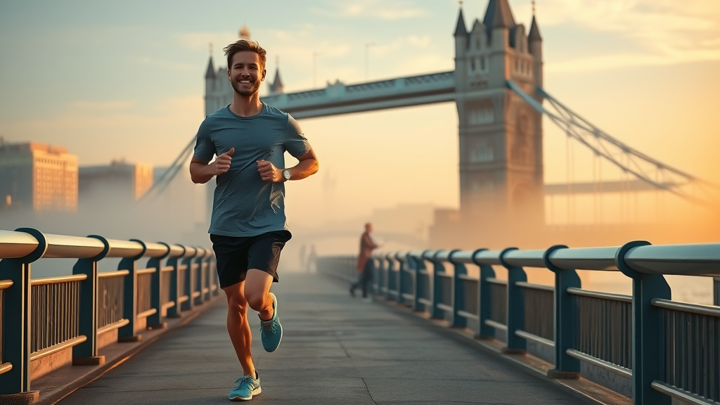 Inspired Londoner jogging at sunrise on South Bank near Tower Bridge—an example of London healthy living. Golden sunny morning, riverfront, and vibrant health routines in urban London.