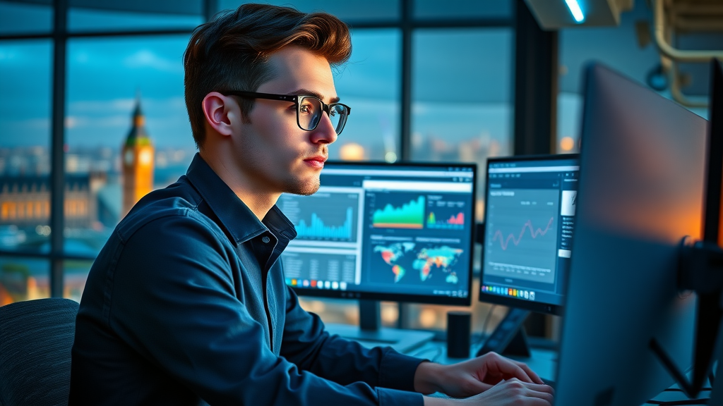 Young marketing professional using online business directory UK, social media, and analytics dashboards in London office