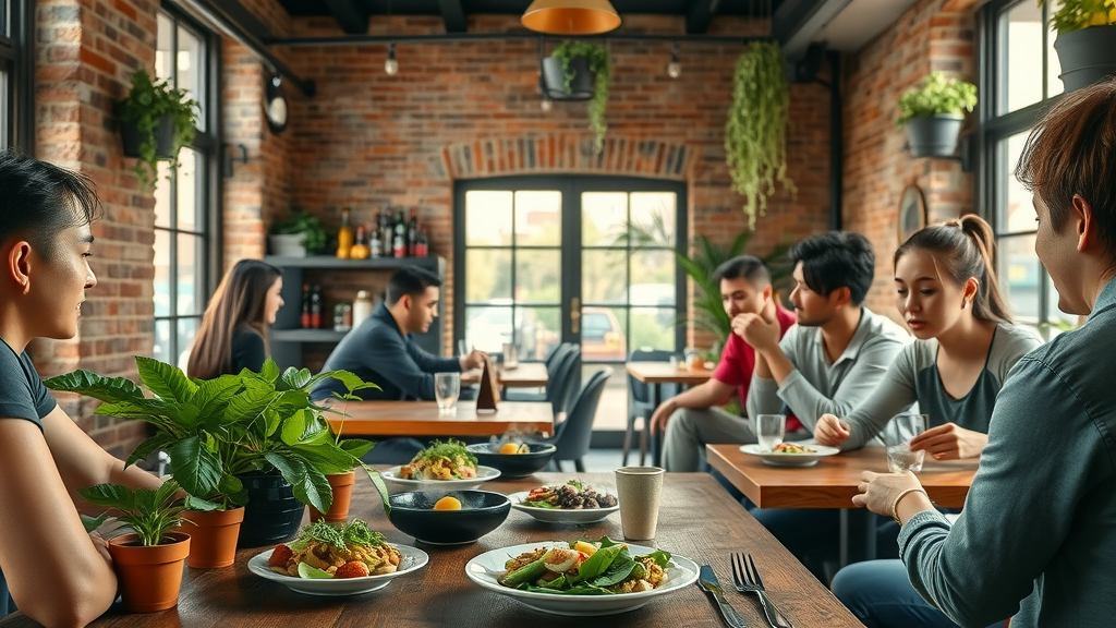 Organic café in London, vibrant and inviting, featuring healthy plant-based meals and customers enjoying nutritious dishes. A core aspect of London healthy living with lively atmosphere and fresh produce.