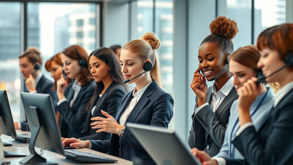 Professional outsource receptionist call answering team in modern UK business office, virtual receptionists answering phones with London cityscape backdrop