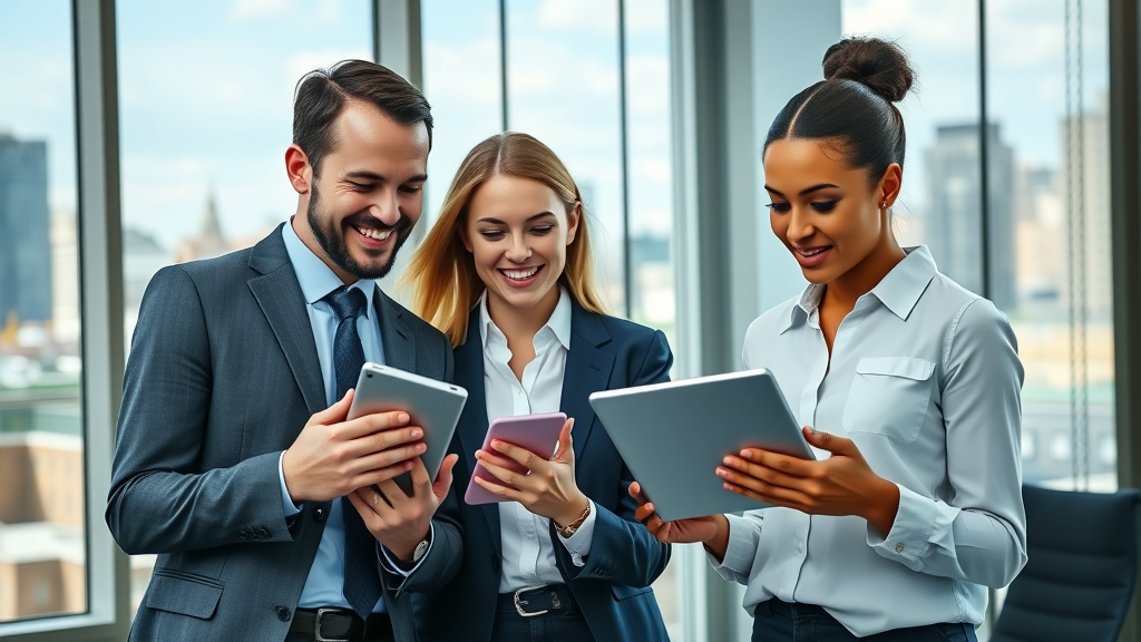 vibrant business professionals collaborating reviewing digital data UK business database