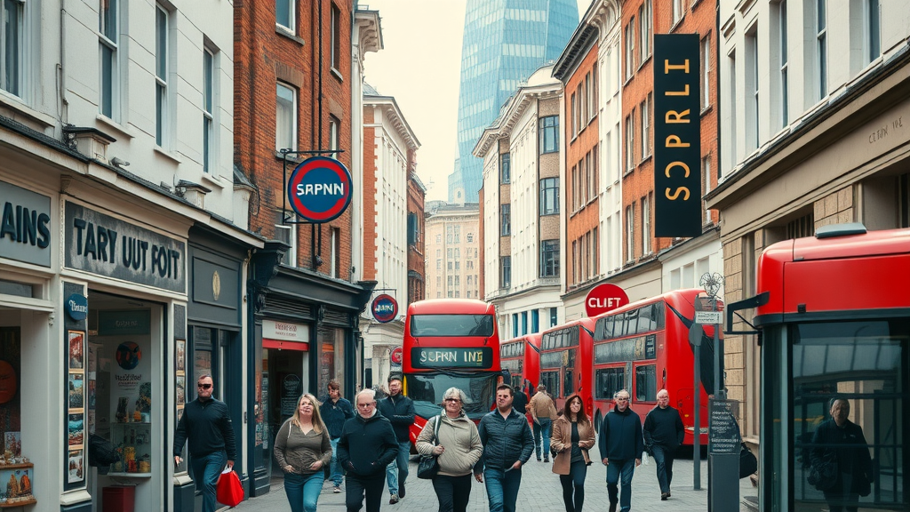Dynamic cityscape of the United Kingdom showing shops, small businesses, and locals engaging - business listings uk