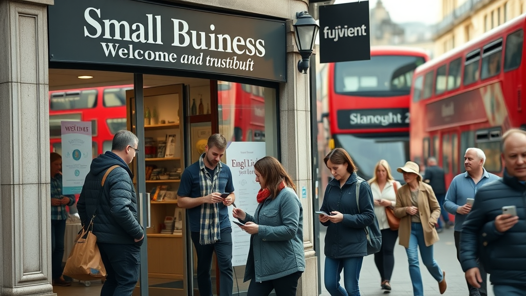 UK small business storefront bustling with customers, city street in Greater London, online business directory uk