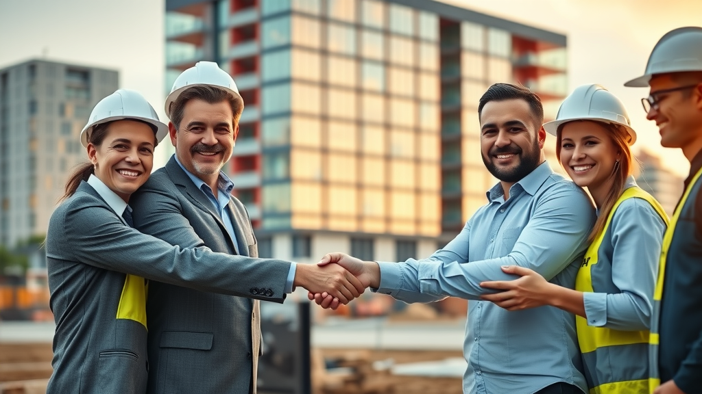 optimistic construction professionals Greater London, shaking hands finished office building, London skyline, photorealistic, warm golden hour, signing documents, congratulating