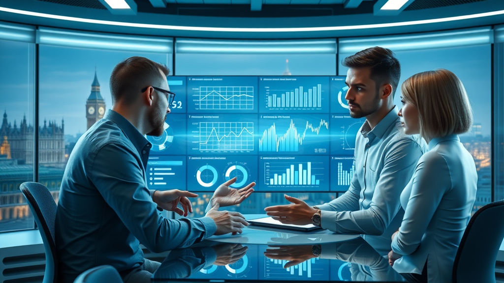 futuristic UK office digital marketing team collaborating with virtual AI assistant, capid houser