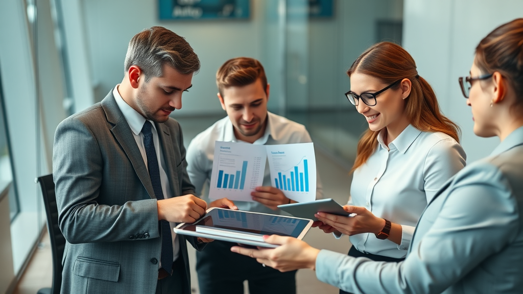 Business decision-makers in a London office comparing outsourced call center options through digital charts, reflecting strategic evaluation of call center services.