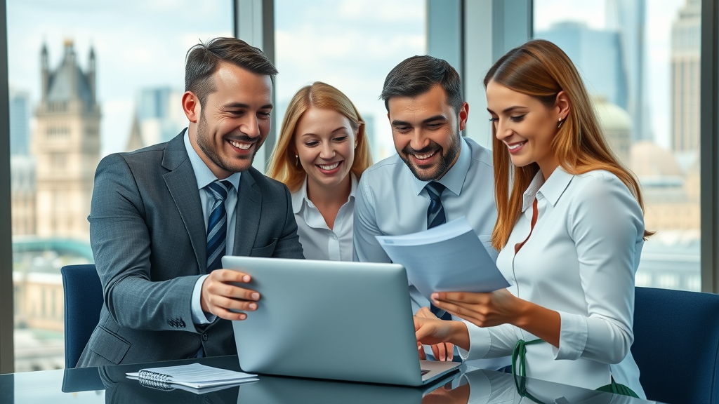 UK trade directory &ndash; professional business team collaborating in modern London office around a laptop